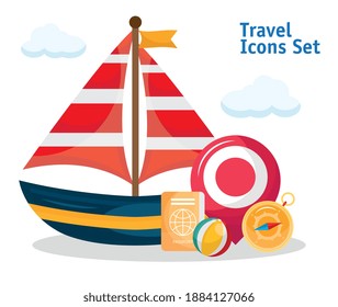 sailboat transport with travel set icons vector illustration design
