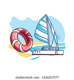 sailboat travel in the beach and float vector illustration design