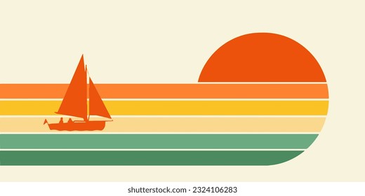 A sailboat and two passengers are seen in front of a colorful graphic sunset design in an illustration about vacation and travel and boating.