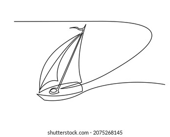 Sailboat Under Full Sail At Sea. Sailing Logo. Continuous One Line Drawing. Vector Illustration