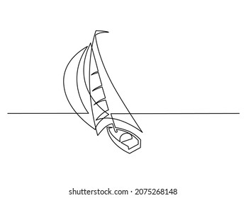 Sailboat Under Full Sail At Sea. Sailing Logo. Continuous One Line Drawing. Vector Illustration