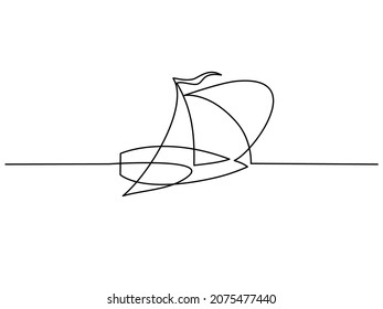 Sailboat Under Full Sail At Sea. Sailing Logo. Continuous One Line Drawing. Vector Illustration