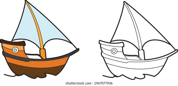 Sailboat vector drawing transportation learning education cartoon drawing, line art and colored.