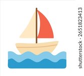 Sailboat vector in flat design. Cartoon sailboat clipart. Summer, sea, ocean element with small sailboat and blue sea water with waves. Transportation concept.