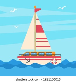 Sailboat vector illustration. Flat cartoon sail on water. Sea regatta.