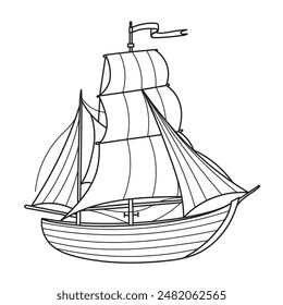 Sailboat Vector illustration. Linear Drawing of sailing ship for Baby coloring books. Sketch of Boat or Yacht for childish design in nautical style. Line art of Sailer on isolated background.