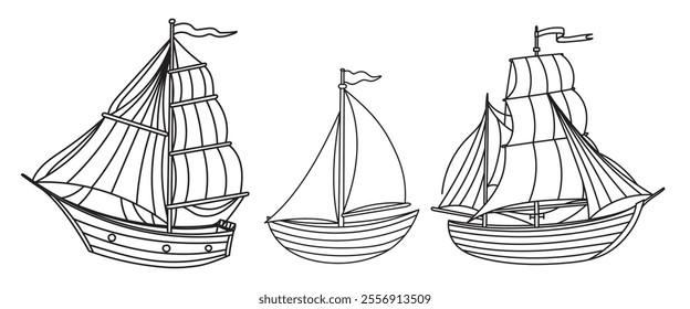 Sailboat vector illustration. Linear drawing of Ships in outline style. Engraved cute sailboat for childish design in nautical style. sea elements for baby shower greeting cards or kids invitations.