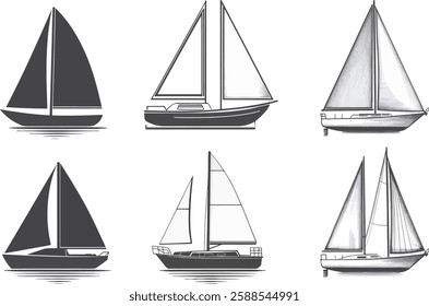 Sailboat Vector Illustration Set, Isolated on White Background