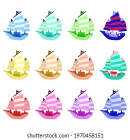Sailboat, vector image. Talisman of prosperity and prosperity. Set of multicolored ships.