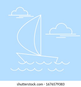 Sailboat Vector Line Icon, simple linear drawing on a blue background, Transport. Way to travel