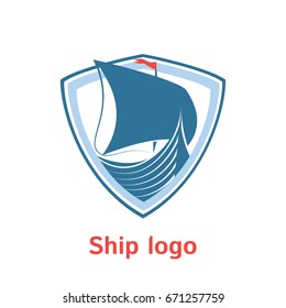 Sailboat vector logo template. Boat label. Simple logotype for business company. llustration of sailboat and shield. EPS10. Travel sign.