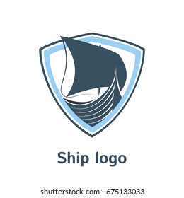 Sailboat vector logo template. Boat badge. Simple logotype for business company. Illustration of sailboat on shield. EPS10. Travel sign.