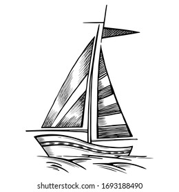 Sailboat vector sketch isolated. Sea yacht floating on the water surface.