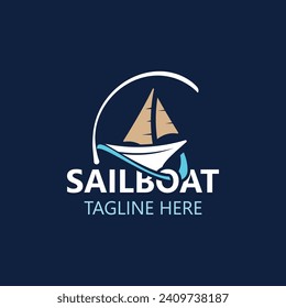 Sailboat vintage logo minimalist with wave, travel yacth or sailing boat vector design template