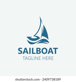 Sailboat vintage logo minimalist with wave, travel yacth or sailing boat vector design template