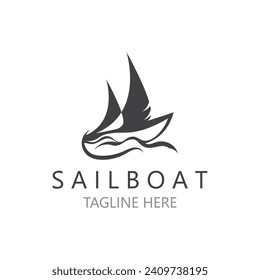 Sailboat vintage logo minimalist with wave, travel yacth or sailing boat vector design template