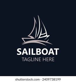 Sailboat vintage logo minimalist with wave, travel yacth or sailing boat vector design template