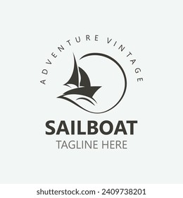 Sailboat vintage logo minimalist with wave, travel yacth or sailing boat vector design template