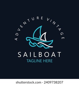 Sailboat vintage logo minimalist with wave, travel yacth or sailing boat vector design template