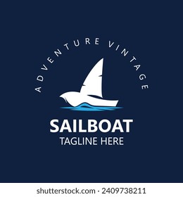 Sailboat vintage logo minimalist with wave, travel yacth or sailing boat vector design template