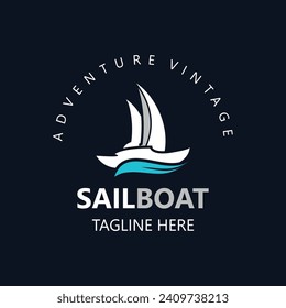 Sailboat vintage logo minimalist with wave, travel yacth or sailing boat vector design template