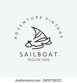 Sailboat vintage logo minimalist with wave, travel yacth or sailing boat vector design template