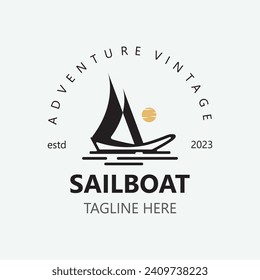 Sailboat vintage logo minimalist with wave, travel yacth or sailing boat vector design template