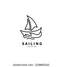 sailboat and wave sea ocean logo design with line art style vector illustration