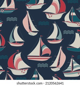 Barco de vela y oleaje. Patrón sin foco con yate de dibujos animados. Vector.