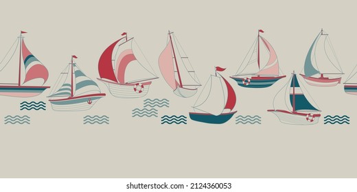 Sailboat and wave. Seamless pattern with cartoon yacht. Vector.