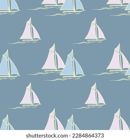 Sailboat and wave. Seamless pattern with cartoon boats. Vector texture.