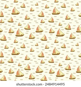 Sailboat and waves on a light yellow background. Seamless pattern.
Minimalistic drawing, sketch, outline. Textile print