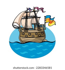 Sailboat with waving flags on ocean waves