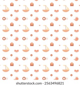 Sailboat and whale seamless pattern, pastel colored pattern, envelope, tied bow