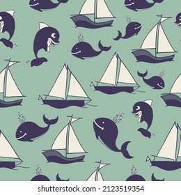 sailboat with whalel and dolphin illustration on green background. hand drawn vector, seamless pattern. marine life. beautiful sea. doodle art for wrapping paper and gift, backdrop, fabric, textile.