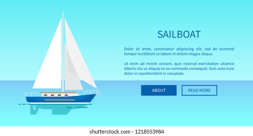Sailboat with white canvas on water vector illustration isolated on white on water surface. Small boat for nice sea walks,
