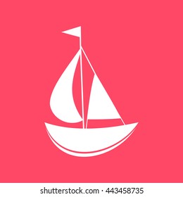Sailboat white icon on magenta color background. Eps-10.