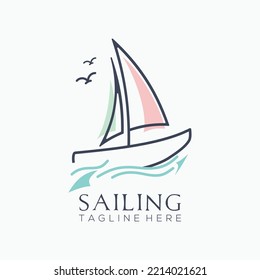 Sailboat wooden ship on Sea Ocean Wave with line art style logo design template