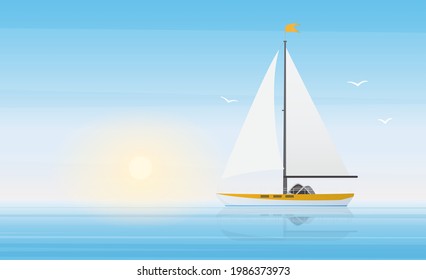 Sailboat yacht in clear blue water waves of sea or ocean landscape in sunny beautiful day vector illustration. Cartoon panorama scenery with ship boat under sun, summer seascape cruise background