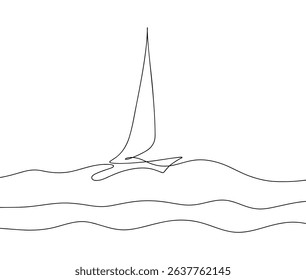 Sailboat, yacht on the waves is drawn in one endless continuous line on a white background, vector illustration. Sea transport, boat, black and white hand drawing. An element for decoration, banner