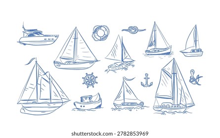 Sailboat and yacht set with masts, sails, anchor, helm, buoy, rope knot, small motorboat drawn in loose line art. Symbol of adventure, travel, freedom, marine lifestyle. Cartoon vector illustration.
