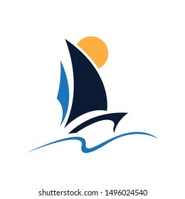 Sailboat or yacht vector logo icon. Yatch abstract vector on the ocean with the sun on the background. Sailboat or yatch logo template