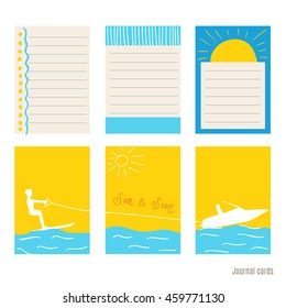 Sailboat, yacht, water skiing. Vector design templates for journal cards. Planner cards. 