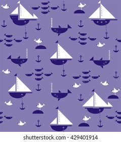 Sailboats with anchors, sharks, fish and sea gulls in white and blue in a sea are a seamless pattern with a violet background.