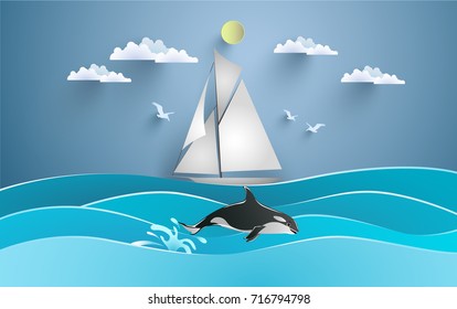 sailboats cross the beautiful sea with fish jumping. design paper art and crafts