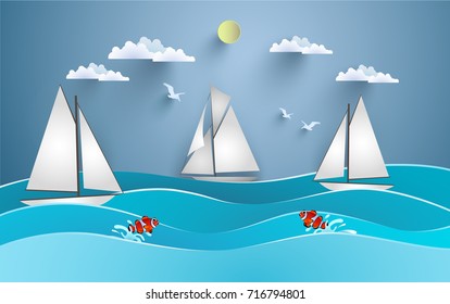 sailboats cross the beautiful sea with fish jumping. design paper art and crafts