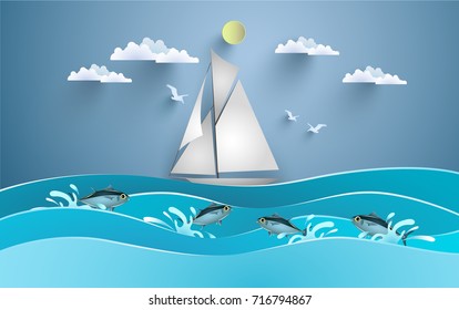 sailboats cross the beautiful sea with fish jumping. design paper art and crafts