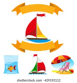 Sailboats, fish, beach chair and umbrella. Set of color illustrations on the theme of summer.