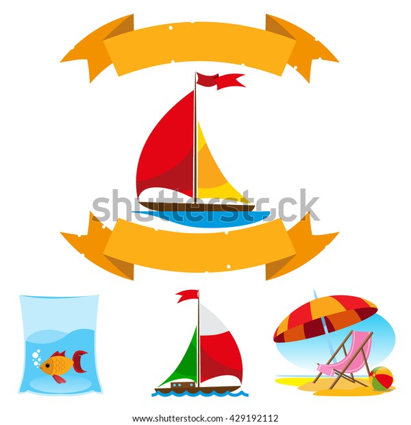 Sailboats Fish Beach Chair Umbrella Set Objects Stock Image