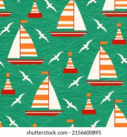 Sailboats and  lighthouses, flying seagulls on the sea, childlike simple vector seamless pattern for children's  textile wallpaper.